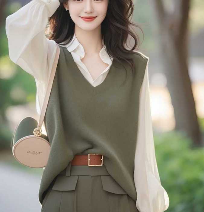 きれいめレディースファッション トップス アウター ベスト S M L XL グリーン ニットベスト