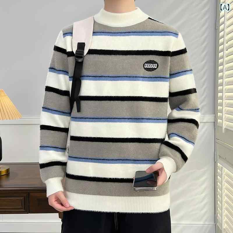 メンズ トップスス おしゃれ セーター 長袖 ハーフ タートルネック プルオーバー ファー 起毛 ストライプ 厚手 セーター