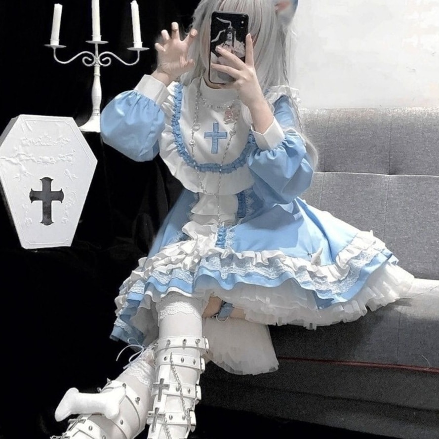 地雷系オリジナルゴシックシスター風ロリータブルー白ワンピースワンピースロリータキュートな日常