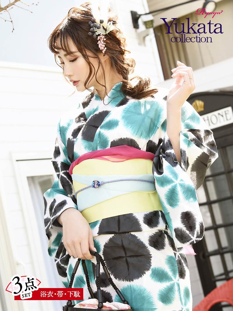 絞り ぼかし にじみ 青 フラワー リバーシブル ゆかた 安い キャバ嬢 花火大会 Ryuyu