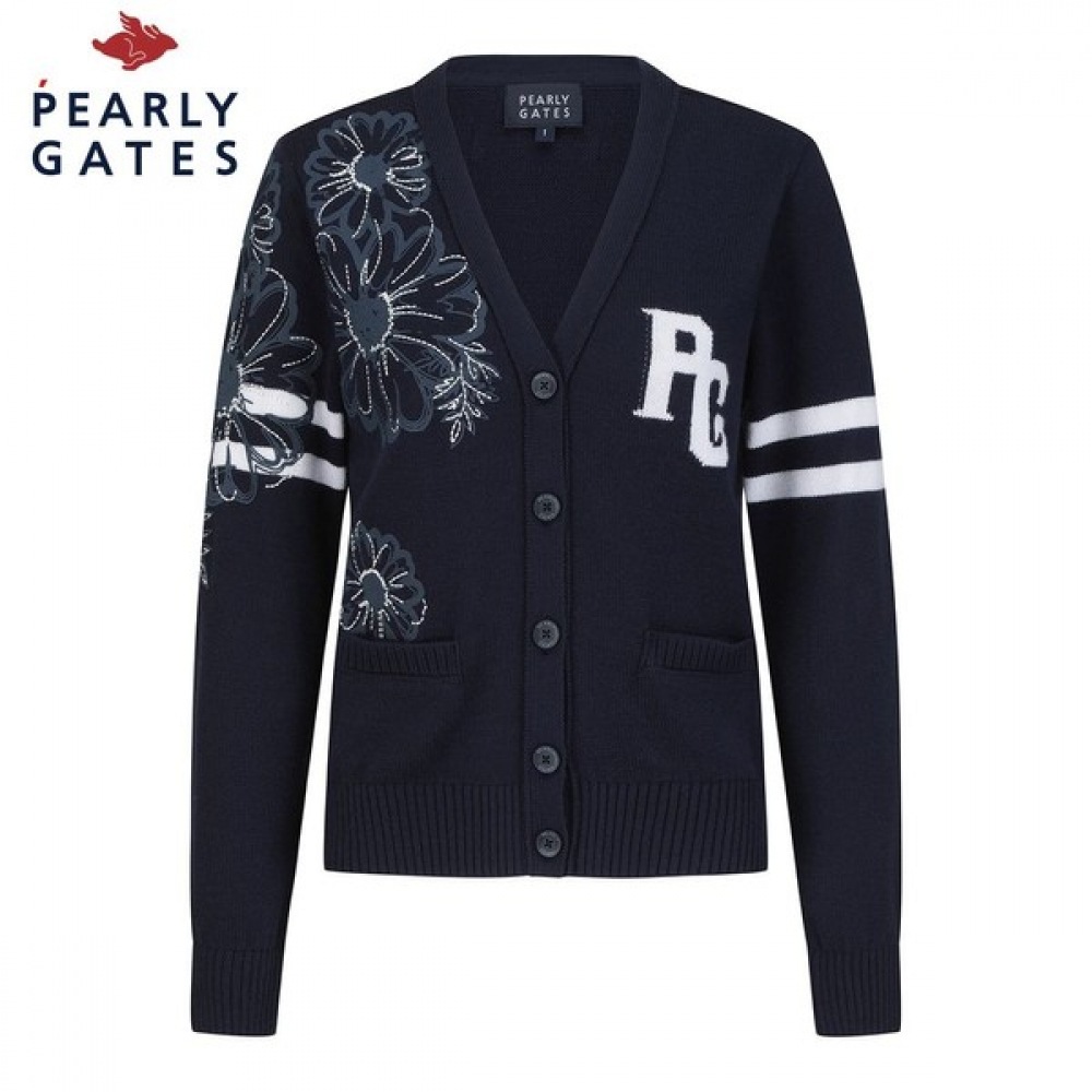 (Paris Gates) レディースステッチ花柄ロゴニットカーディガン