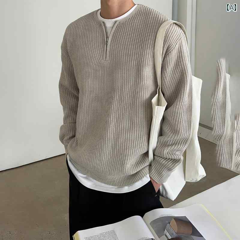 セーター メンズ ニット トップス 秋冬 ハーフジップ ラウンドネック 韓国 ファッション カジュアル レトロ カーキ ブラック