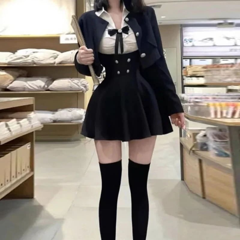 春と秋向けのプラスサイズのセクシーな女の子のプレッピースタイルのスリーピーススーツセット：ブレザー長袖シャツプリーツスカート