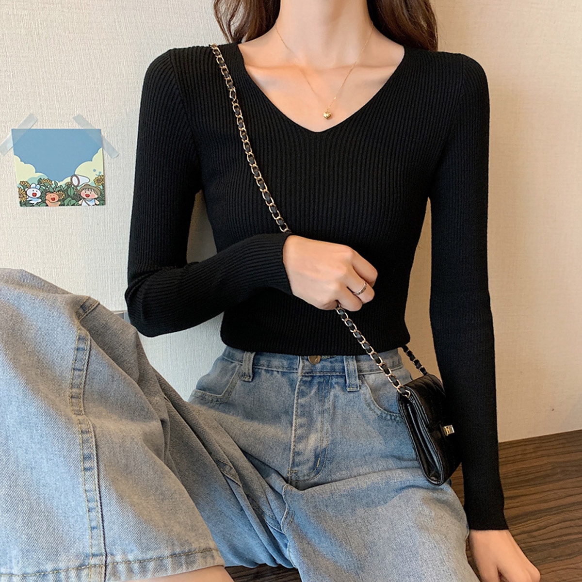 色豊富 すっきり リブニット トップス セーター ニットソー ミディアム丈 長袖 襟なし Vネック ニット 伸縮性 ストレッチ シンプル カジュアル きれいめ おしゃれ お洒落 上品 無地 春 秋