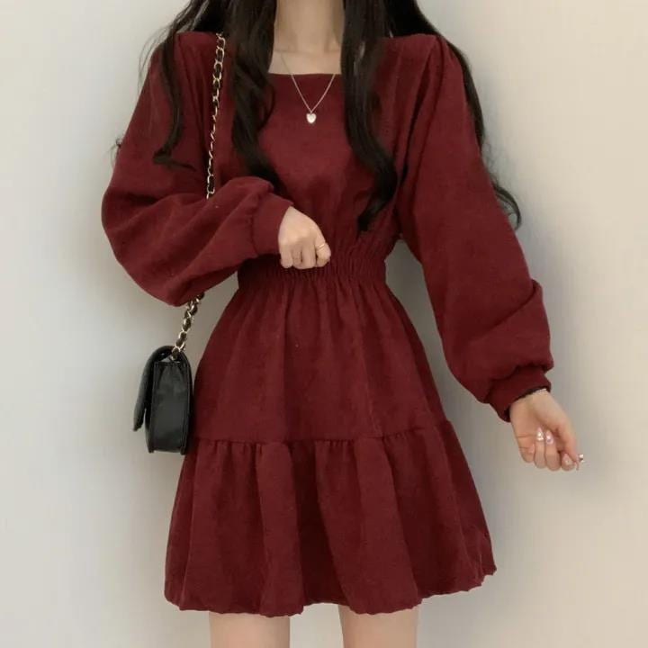 10個セット 四角い襟に痩せたシワ韓国版少女の減齢ゆったりハイウエストレトロ小柄ワンピース