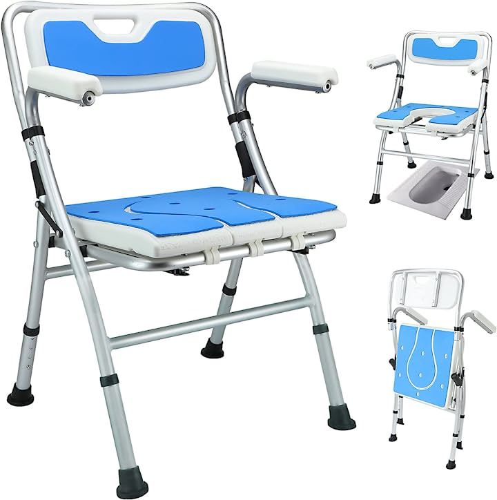 折りたたみシャワーチェア2022登場お風呂椅子バスチェア 4段階高さ調節可能 耐荷重150KG 日本語説明書付き( 白+青い, 70x54x17)