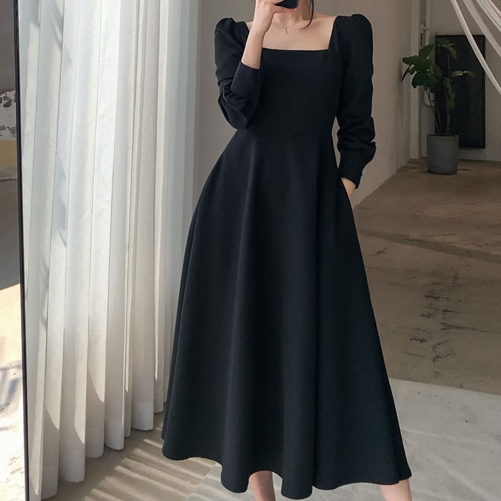 ビッグサイズ 長袖 ドレス 春 秋 誕生日 パーティー ドレス プレミアム感 ロングドレス スクエアネック ジッパー ポケット ハイウエスト ポリエステル シャツスリーブ Aラインスカート