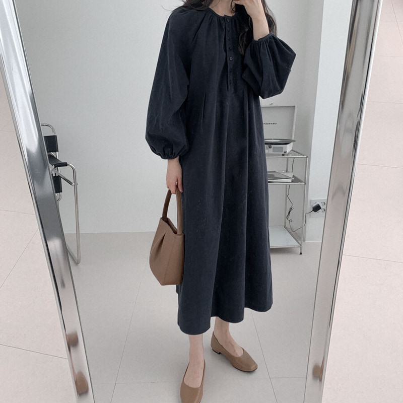 ワンピース ミモレ ミモレ丈 ロング ロング丈 袖あり 長袖 ボリューム袖 Uネック ラウンドネック ヘンリーネック かわいい 大人可愛い きれいめ シンプル カジュアル 大人 大人女子 こなれ感