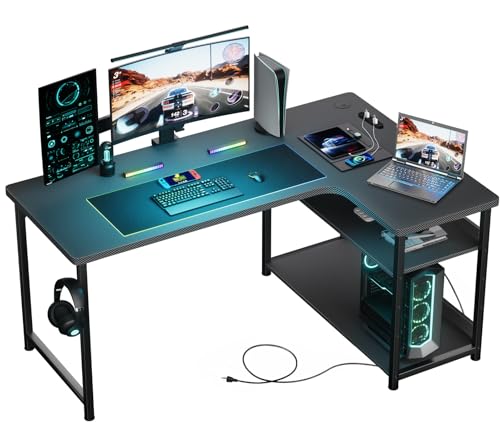 GTRACING ゲーミングデスク カーボン調 コンセント付き パソコンデスク L字 ラック付き モニターアーム対応 棚高さ調節可能 配線穴 右棚 79奥行き*110幅*74.5高さ DL001 ブラ