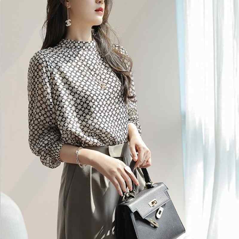 コーデ レディース ファッション オシャレ アイテム カワイイ コーデ シンプル きれい ナチュラル 上品カジュアル 用 ホワイト カラー プリント スタンドカラー シャツ スリム 長袖 シフォン ト