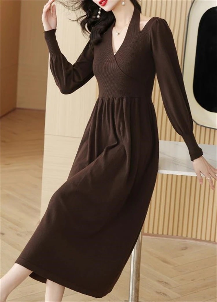 セール 首掛け vネック エレガント 減齢 ニット 気質 スリム Aライン ロングスカート