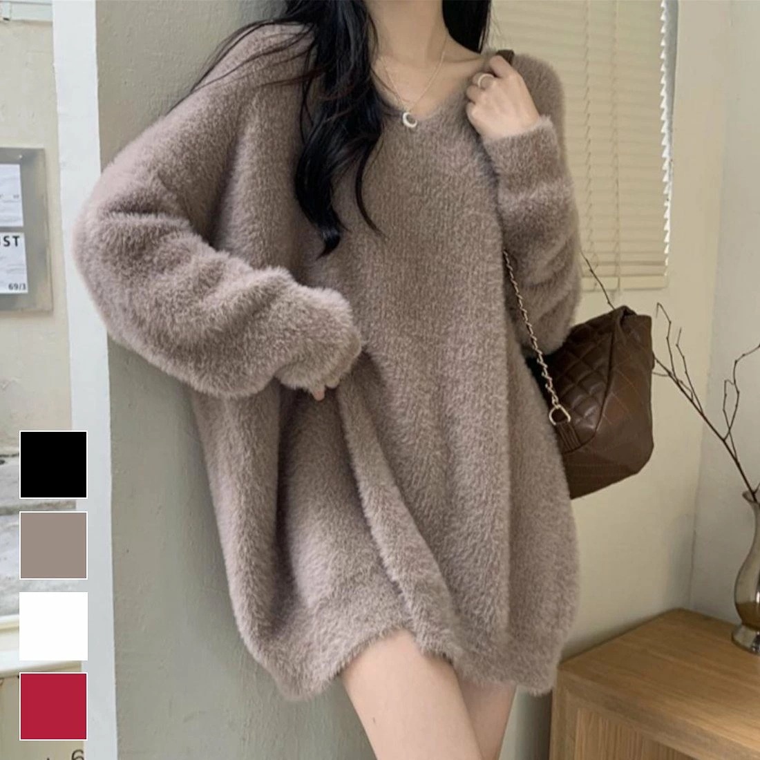 速達!簡単にこなれ感をスタイリングできるVネックオーバーサイズプルオーバー メンズライク ドロップショルダー ロング丈 秋冬 レイヤードスタイル カジュアルスタイル モノトーン もこもこ シャギー ト