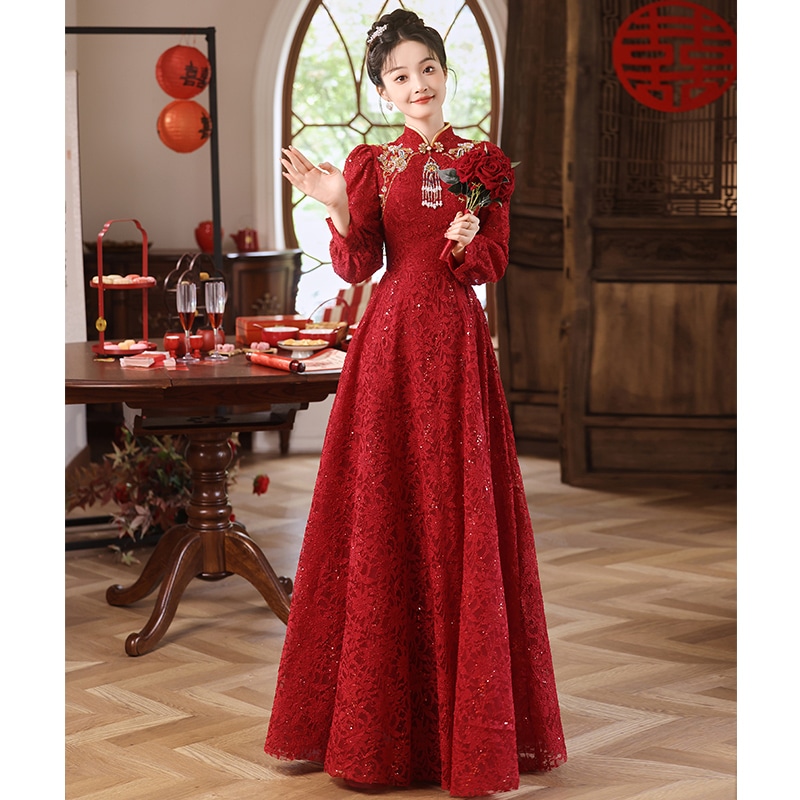 赤いチャイナドレス ウェア 花嫁 冬 結婚式の日 カジュアル チャイニーズ エンゲージメント ドレス スカート 2024 リターンドア