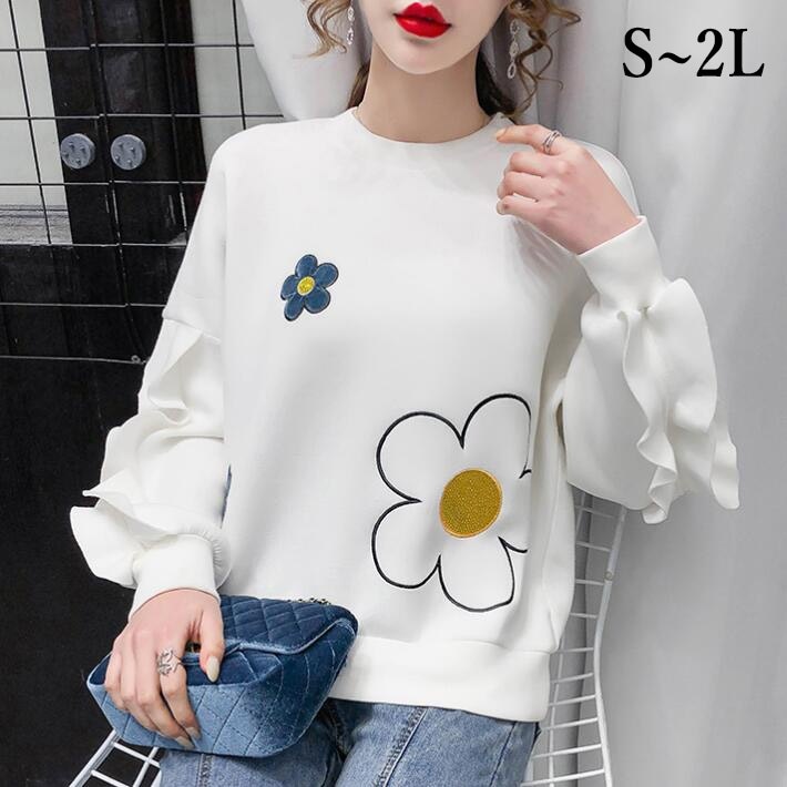 トレーナー　花柄　刺繍　フリル袖　クルーネック　スウェット ルームウエア　パーカー　コットン　トップス　ロング　レディース　長袖　大きいサイズ ゆったり　可愛い 個性　春秋冬　S　M　L　2L