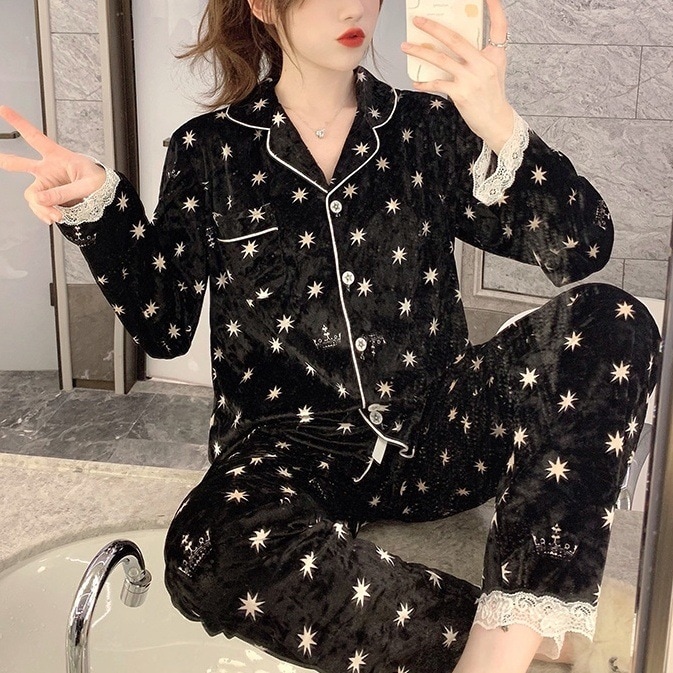 ルームウェア パジャマ 部屋着 寝巻き ナイトウェア レギュラー丈 長袖 襟付き ストレート レース 前開き ウエストゴム 上下セット ツーピース かわいい 大人可愛い カジュアル おしゃれ お洒落