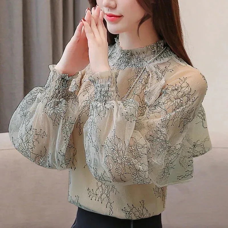 レースシャツボトミングスモールシャツレディース韓版風ファッション長袖シフォンシャツトップフリル