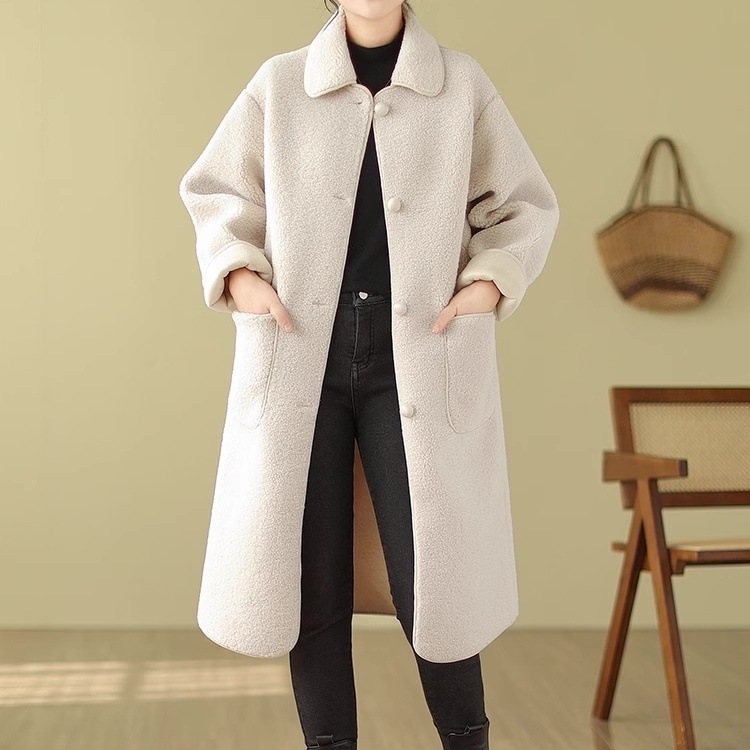 レディース アウター 上着 ウールロングコート ロングコート 膝丈 長袖 ボリューム袖 襟付き 角襟 ワイド Iライン もこもこ ふわふわ ふっくら ポケット 前開き 厚手 ウール 大人可愛い