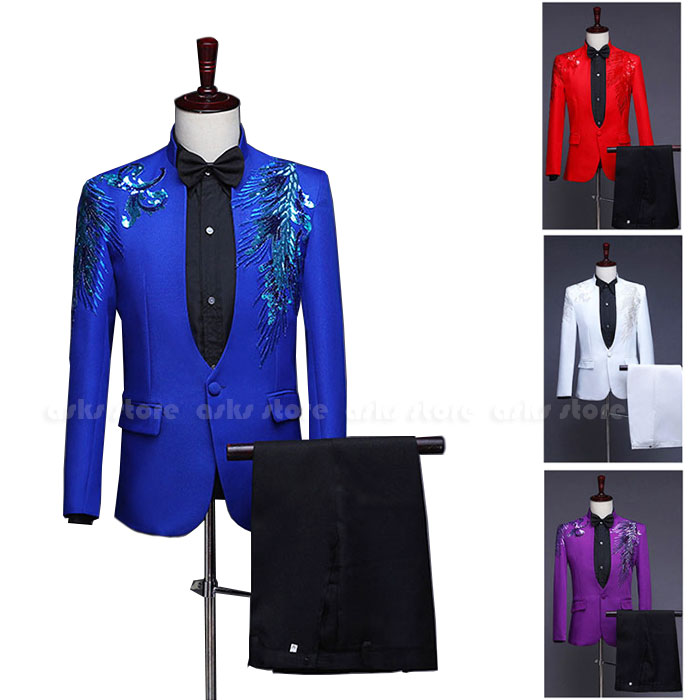 メンズ スパンコールジャケット ステージ衣装 全4色 上下セット ジャケット 立ち襟 スパンコール きらきら 蝶ネクタイ付き パンツ 舞台衣装 司会者 合唱 団体服 カラオケ衣装 コンサート ダンス衣