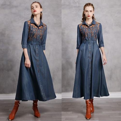 お急ぎくださいデニム ワンピース シャツ ワンピ ジーンズ ロング 5分袖 刺繍 レトロ 春 秋 レディース シャツワンピース 韓国 花柄 襟付き 七分袖 ヴィンテージ デニムワンピース Aラインエス