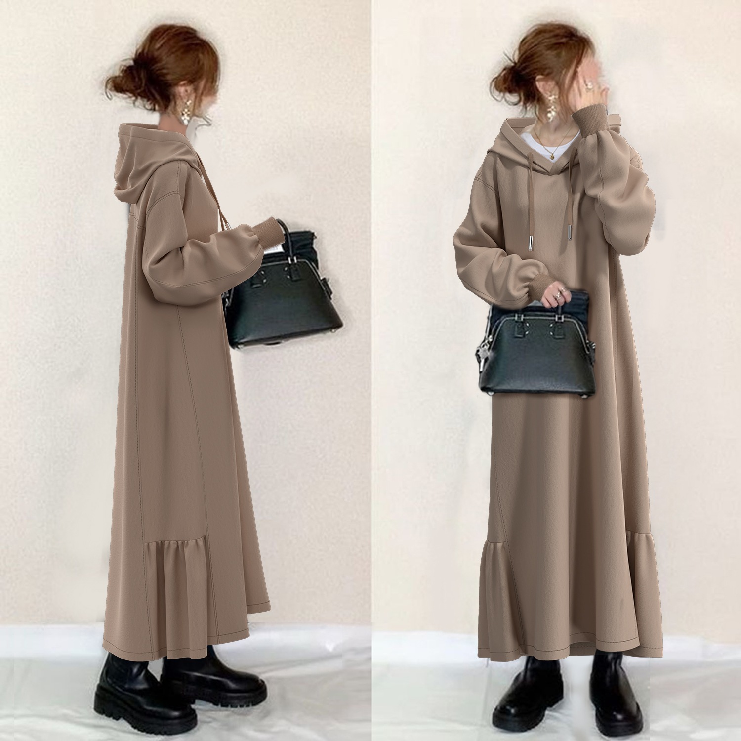 【SNSで話題沸騰】 気質アップ フード付き ロング インナーと してもおすすめ パーカーワンピース レディース 秋冬