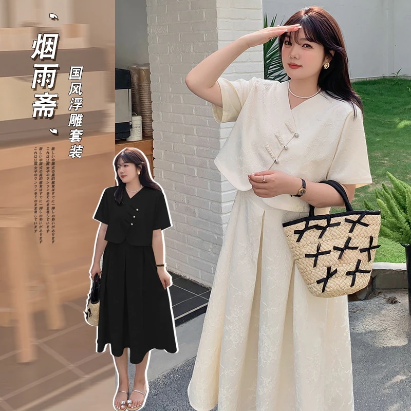 【ぽちゃまに】 夏新品 上下セット 大きいサイズ ブラウス＋スカート 中華風 体型カバー チャイナ レディース セットアップ メガ割30%までに制限 7,421円