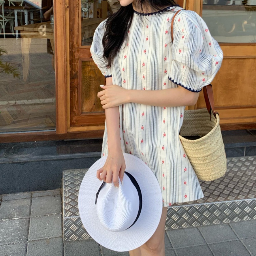 レディース スカート ワンピース プルオーバー ショートスカート ミニスカート ミニ ショート 半袖 パフスリーブ バルーン袖 ラウンドネック ストレート フェミニン 刺繍 かわいい 大人可愛い