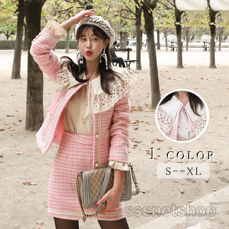 セットアップ 2点セット ジャケット＋スカート レディース 長袖 フリル ポケット付き ジャケット ハイウエスト 着痩せ ミニ丈スカート 可愛い