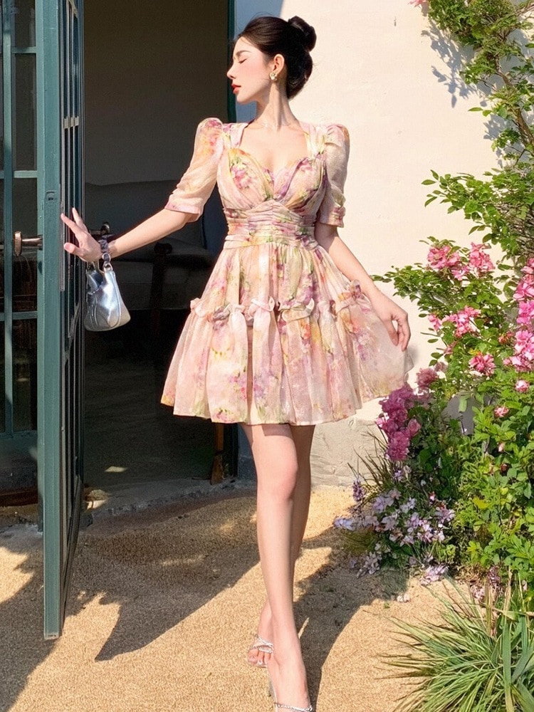 【JY.上品】 夏 柄ワンピース ショート ハイウエスト ドレス パーティー キャバ 大人 同窓会 披露宴 発表会 結婚式 演奏会 ウェディング 二次会 メガ割