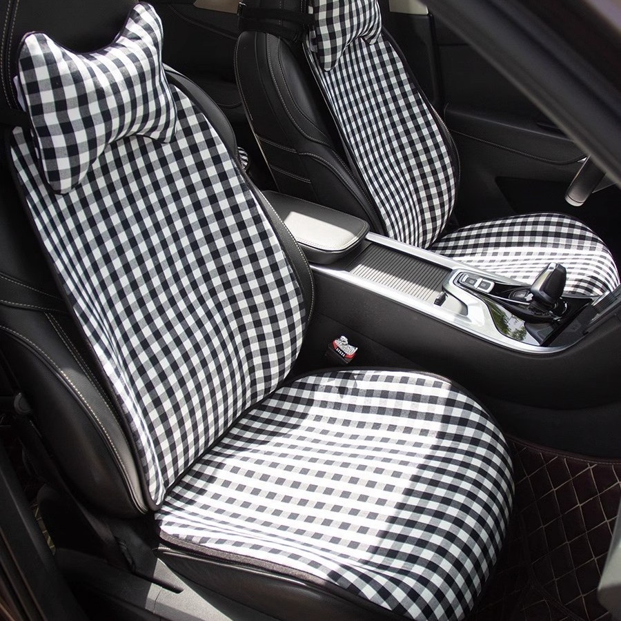 黒と白のチェック柄のカーシートクッション ユニバーサル オールシーズン ハーフカバー レディース ファブリック 背もたれなし 小さなウエスト サドルクッション シートカバー