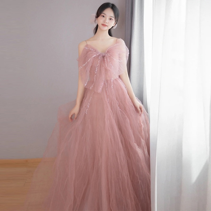 ピンクイブニングドレス女性用2024年エレガント宴会誕生日成人式ドレスふくらみあるガーゼ