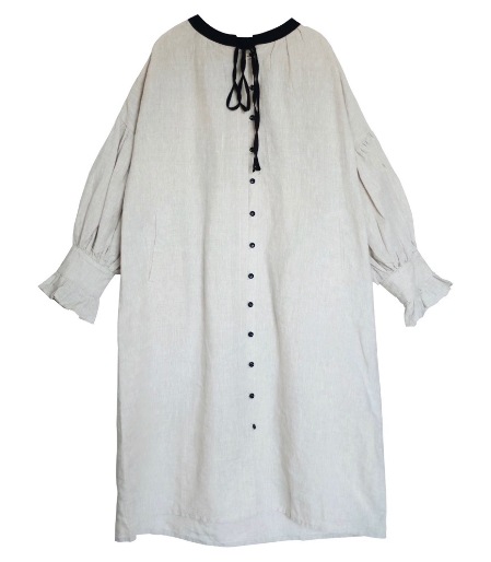 レディース ワンピース ロング 長袖 ボリューム袖 パフスリーブ フリル袖 スタンドカラー ワイド ストレート オーバーサイズ フリル リボン 異国風 ボタン バイカラー 麻 かわいい 大人可愛い