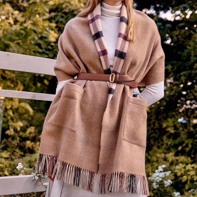 DBMU3F833W2[マフラー][オーバーサイズ]ブラウンチェックカシミア100%両面ショール兼用ポケットマフラー