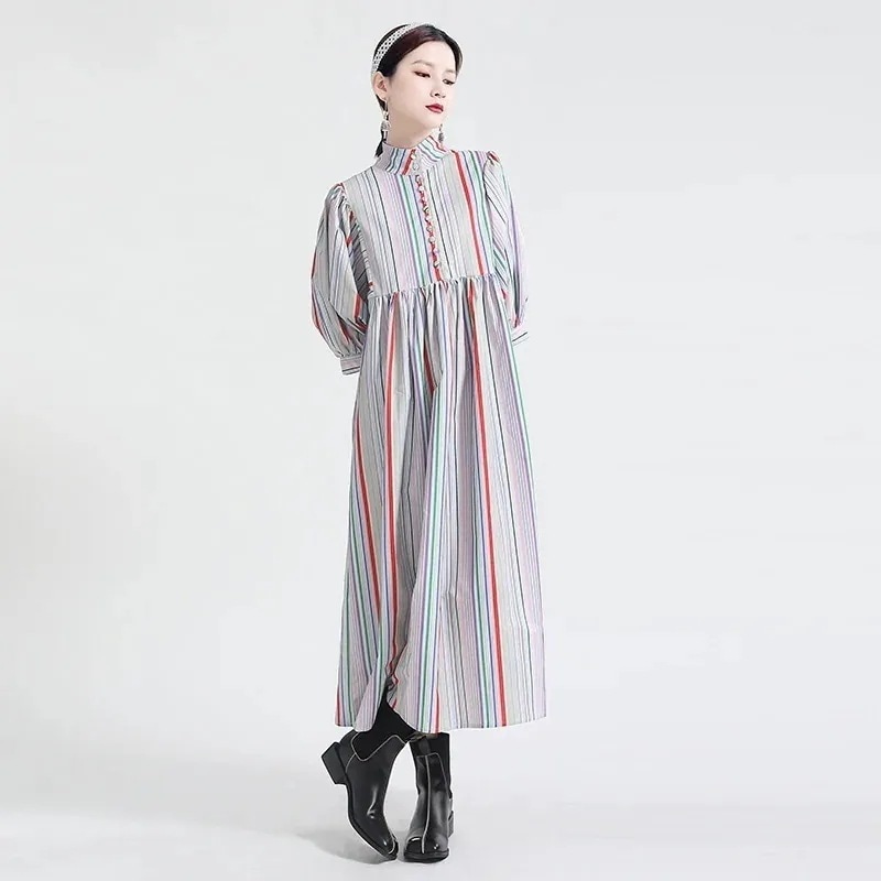 涼しげシャツワンピ復古 混色 虹色違いのレインボーストライプ ワンピース母の日特典LFZ85