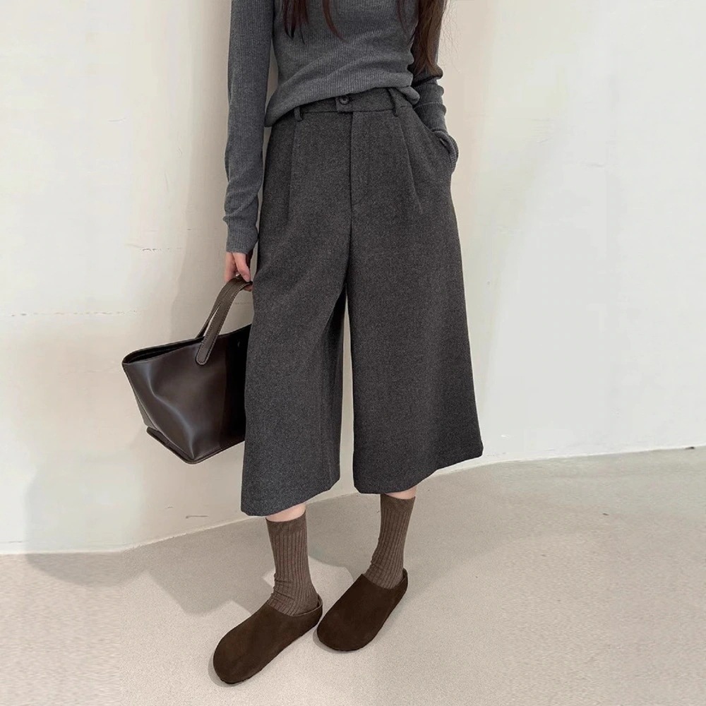 ウール混紡 8 分丈ワイドパンツ レディース秋冬低身長向け ルーズストレート ハイウエスト 7 分丈テーラードパンツ ズボン