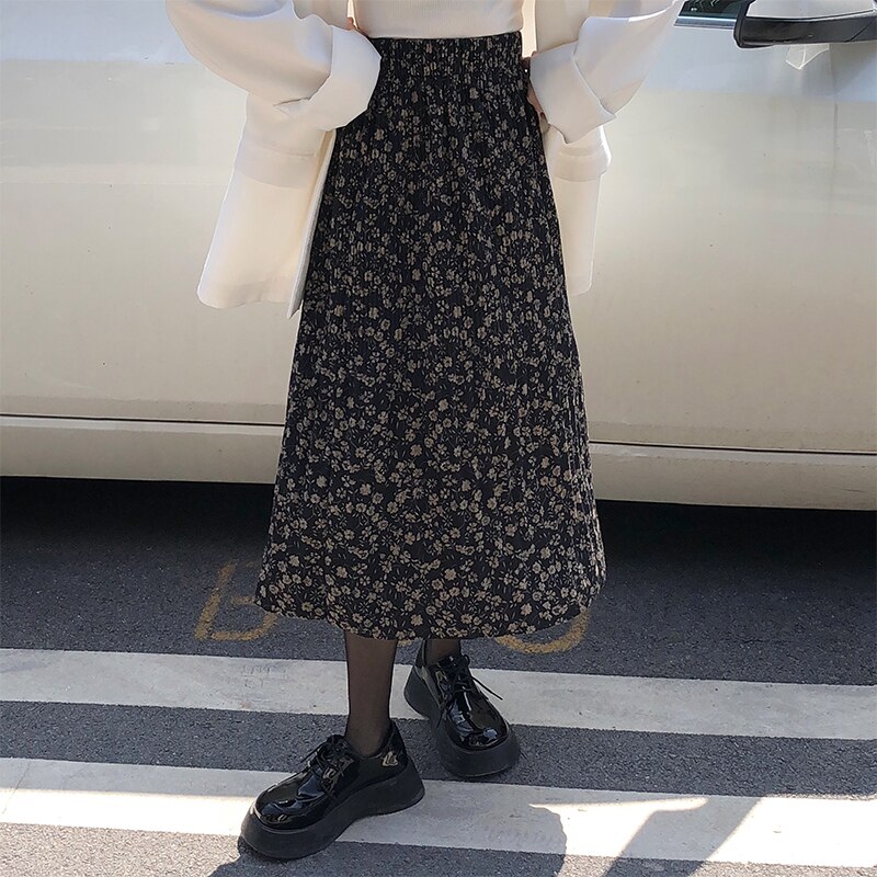 2色 スカート 春夏 カジュアル プリーツスカート ミモレ丈 ロング丈 花柄 ウエスト ゴム ハイウエスト ブラック ブラウン かわいい 大人可愛い きれいめ シンプル カジュアル 大人 おしゃれ エ
