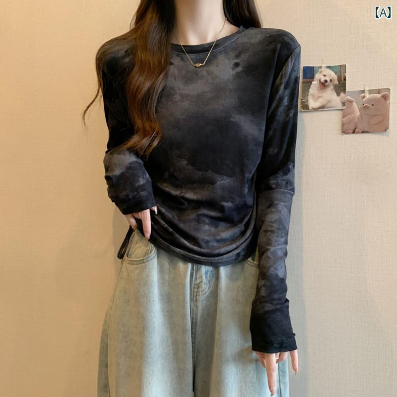 トップス レディース 長袖 タイダイ 染め プラスサイズ Tシャツ 秋 韓国 シック 紺 茶 カーキ