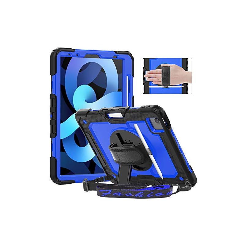 Timecity iPad Air5 / Air4 ケース iPad 10.9 ケース 保護フィルム内蔵 360度回転の自立収納式スタンド ショルダ ーベルト ハンドストラップ付き ペン収納 頑丈 丈
