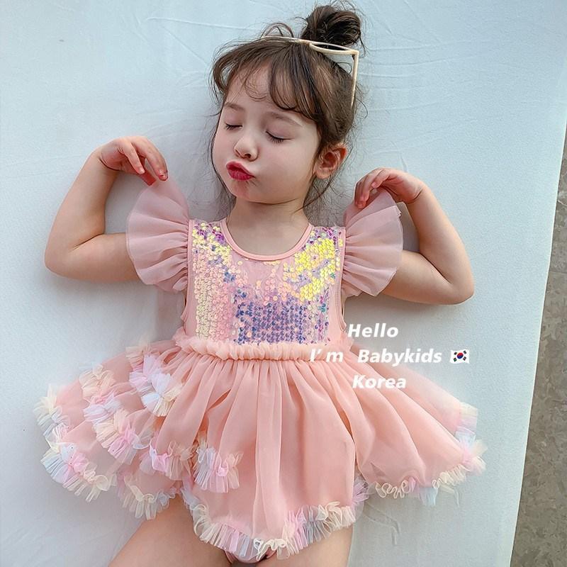 水着 レディース新夏の女の子の赤ちゃん水着スパンコールルスカート飛袖小童水泳ワンピース 韓国ファッション