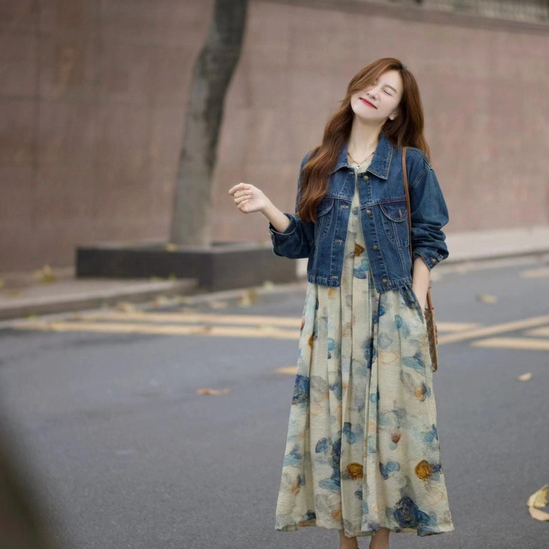 塩系ライト大人風おしゃれ老け水墨画ワンピースとデニムショートジャケット2点セット