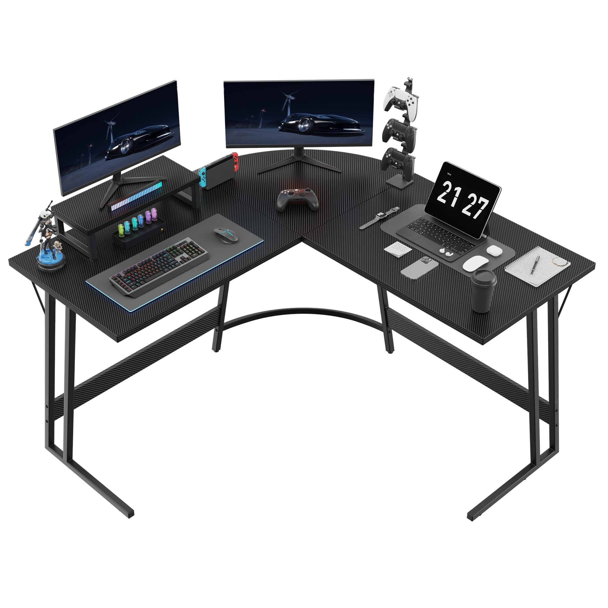 字デスク ゲーミングデスク pcデスク カーボン調 モニター台付き 幅110cm*110cm パソコンデスク 組み立て簡単 安定性 コーナーデスク スペースを節約する 広い足元スペ 50103