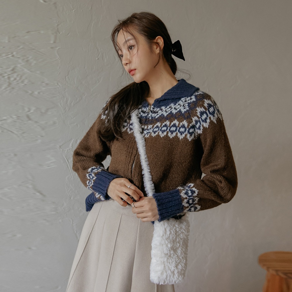 ウール混ノルディック柄カラーニットジップアップ