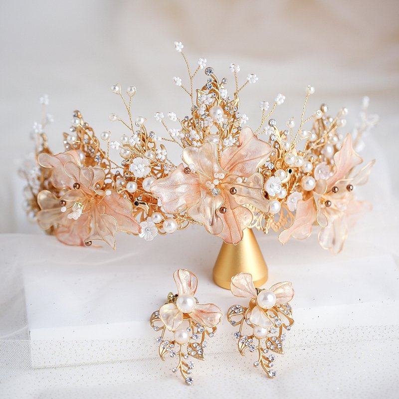 ウエディング ヘッドドレス ティアラ イヤリング 髪飾り 花嫁 ウェディング 結婚式 発表会 ピンク 披露宴 ブライダル パーティー 二次会 ヘアアクセサリー
