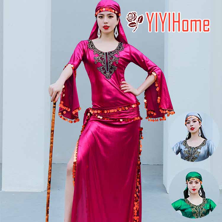 ベリーダンス衣装 ドレス ヒップスカーフヘアスカーフインナー ショートパンツ4点セット ベリーダンス 衣装 コスチューム レッスンウェア レッスン着 ステージ 発表会 舞台 ドレス ローズレッド