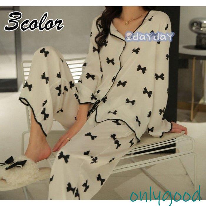 パジャマ ルームウェア レディース 春夏秋 長袖パジャマ 前開き シルク風ルームウェア 可愛い リボン柄/ドット柄上下セット 大きいサイズ部屋着 寝巻き ギフト