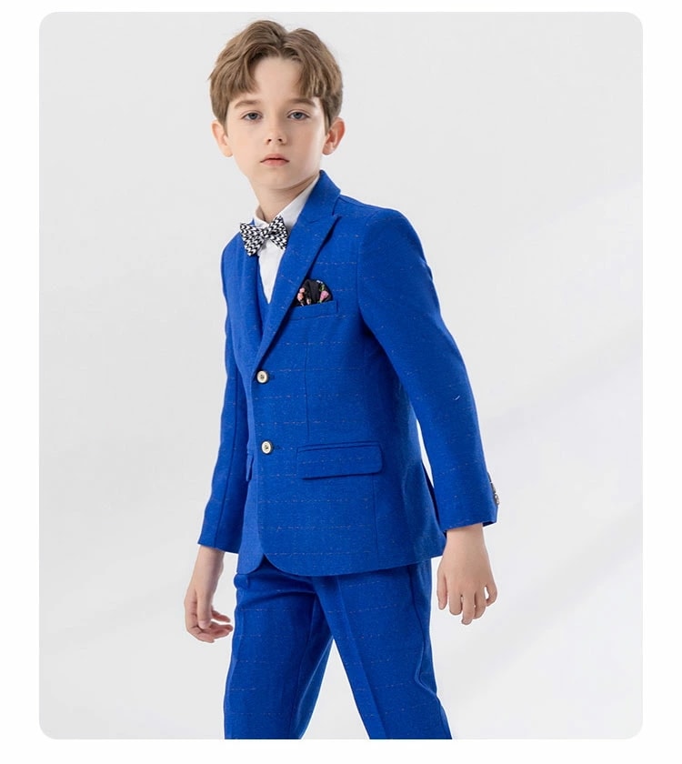 スーツ 男の子 セットアップ ジャケット ロングパンツ ベスト シャツ 蝶結び 子供スーツ キッズスーツ フォーマルスーツ おしゃれ チェック柄 ブルー 春秋 秋冬 卒園式 卒業式 入学式 スーツ イ