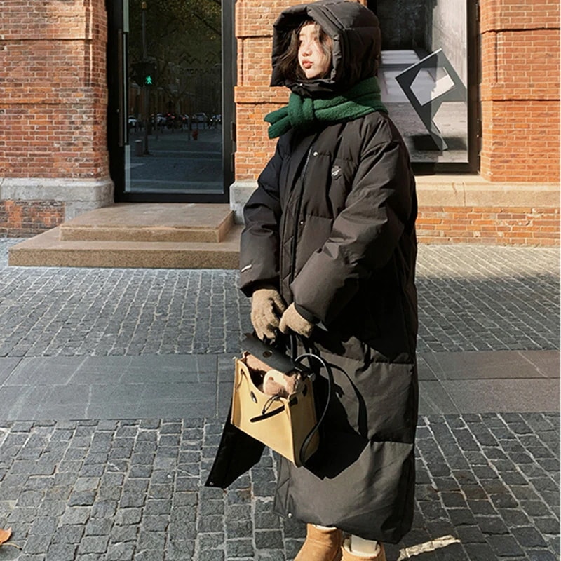 超厚中劇耐寒黒色ダウン綿服男女カップルの親友の長い膝から足首までゆるい冬