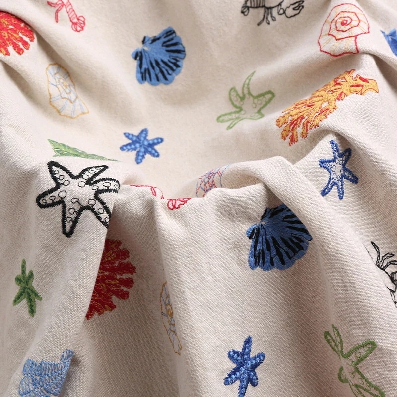 夏季新品限定120cm幅 90cm単位 生地 布 布地 ぬの きじ 刺繍生地 綿麻生地 海底の世界柄 ハンドメイド ネイビー 紺色 手作り 手造り 手芸 DIY 材料 ング 服地