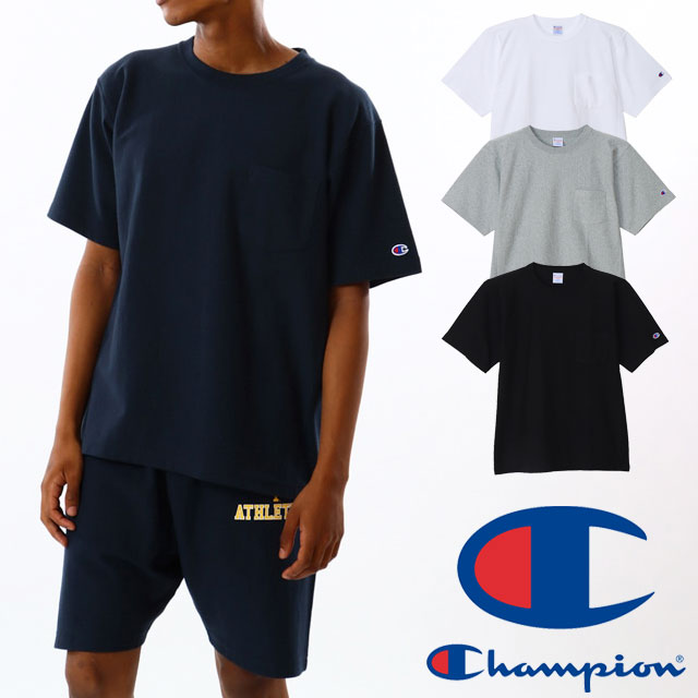 チャンピオン Tシャツ メンズ C3-Z319 ティーシャツ 半袖 トップス ポケット付き シンプル クルーネック 丸首 アパレル カジュアル 定番 ワンポイント リバースウィーブ 綿100％ 白 グ