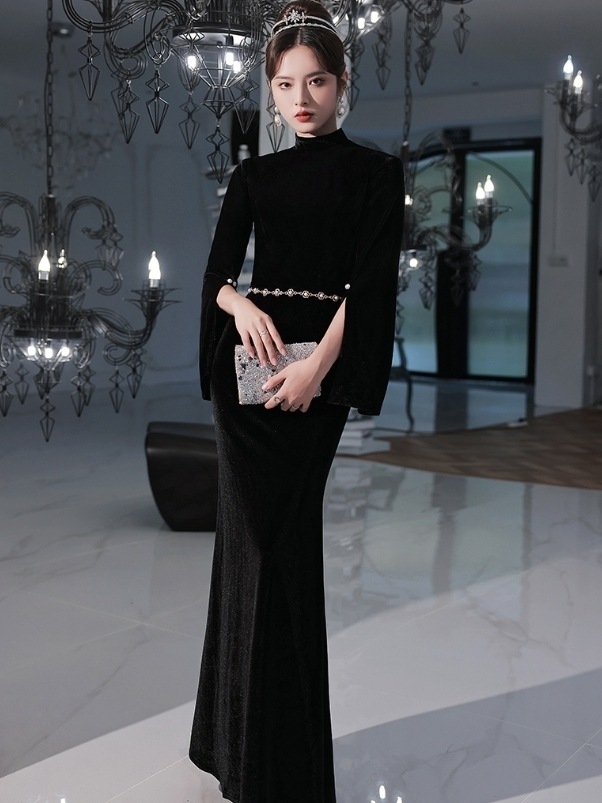 スリット袖 ドレス ウエストマーク 韓国 黒 パーティー タイト Aライン フレア 長袖 無地 ロング ホームパーティーアイテム ハイネック 謝恩会 結婚式二 レディース かわいい 大人可愛い