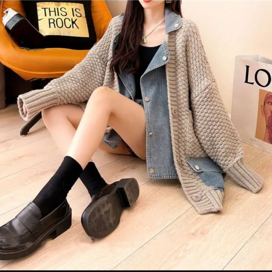 デニムステッチオーバーサイズセーターカーディガンレディース2024秋ゆったり太mmフード付きニットジャケットレディースアウター